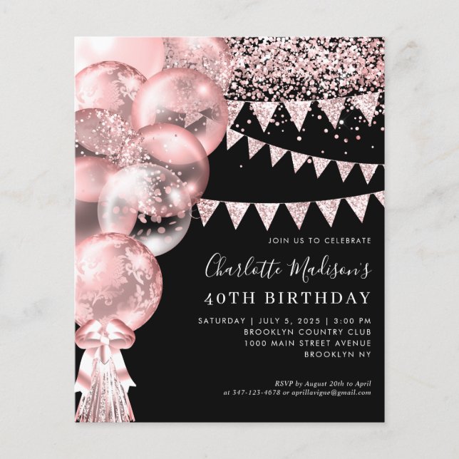 Budget Black Rose Gold Balloon Any Age Birthday Flyer (Front)