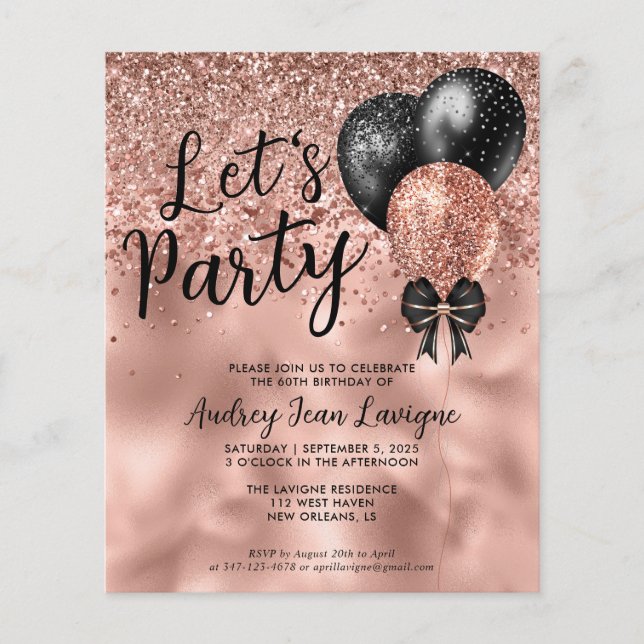 Budget Black Rose Gold Balloon Lets Party Birthday (Front)