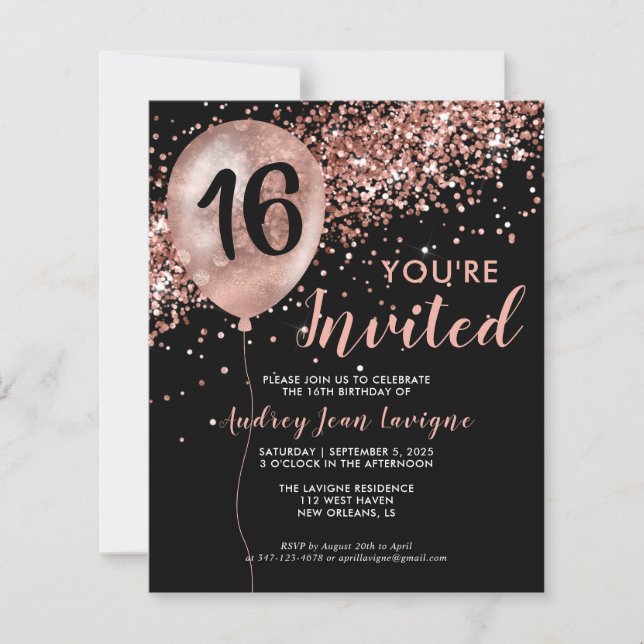 Budget Black Rose Gold Balloon Sweet 16th Birthday (Front)