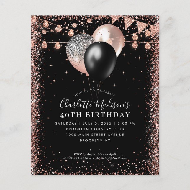 Budget Black Rose Gold Glitter Balloon Birthday (Front)