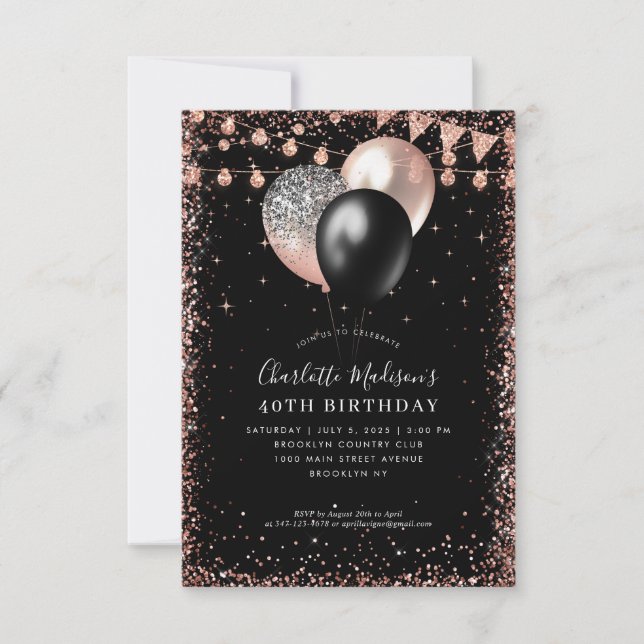 Budget Black Rose Gold Glitter Balloon Birthday Card (Front)