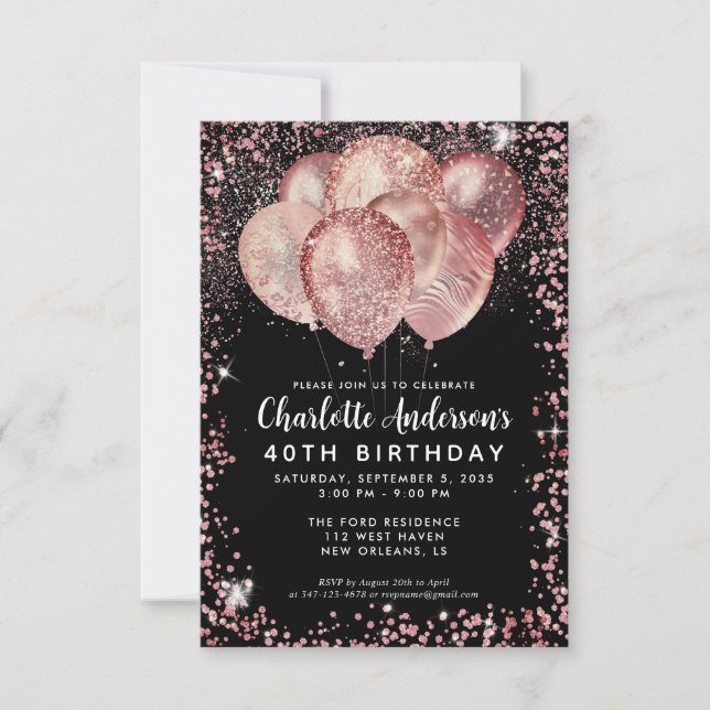 Budget Black Rose Gold Glitter Balloon Birthday Card (Front)
