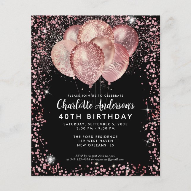 Budget Black Rose Gold Glitter Balloon Birthday Flyer (Front)
