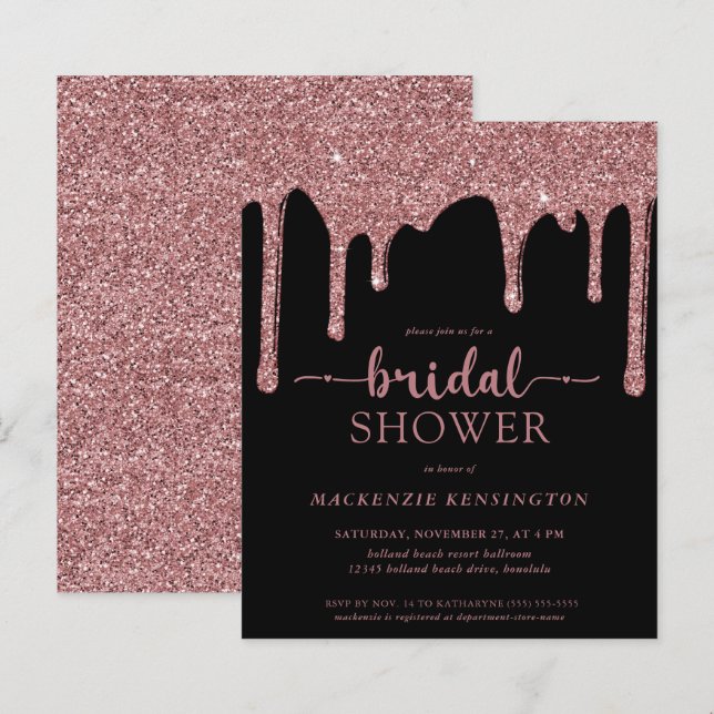 Budget Black Rose Gold Glitter Drips Bridal Shower (Front/Back)