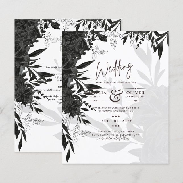 BUDGET Black Roses Elegant White Wedding Invite (Front/Back)