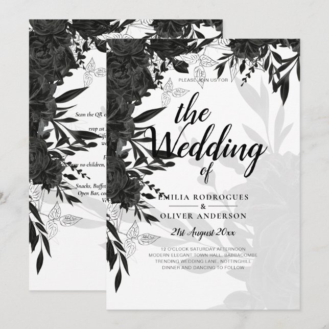BUDGET Black Roses Elegant White Wedding Invite (Front/Back)