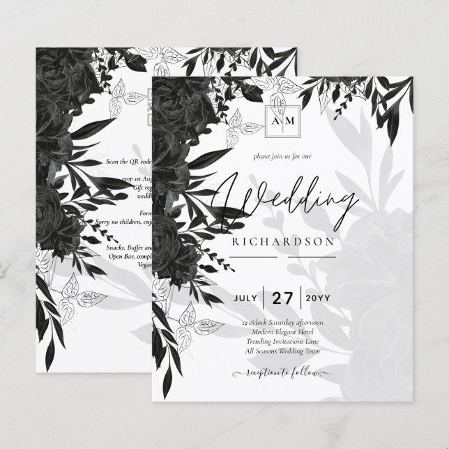 BUDGET Black Roses Elegant White Wedding Invite (Front/Back)