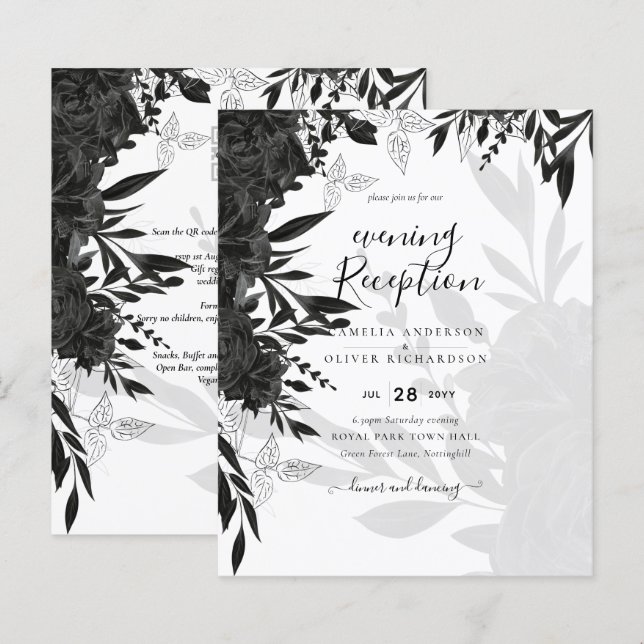 BUDGET Black Roses Elegant White Wedding Invite (Front/Back)