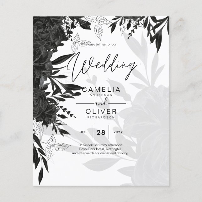 BUDGET Black Roses Elegant White Wedding Invite Flyer (Front)