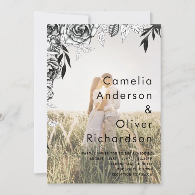 Budget Black Roses PHOTO OVERLAY Wedding Invite (Front)