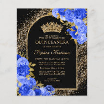 Budget Black Royal Blue Gold Floral Quinceanera