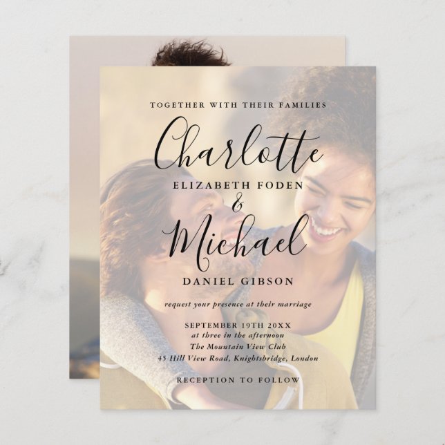 Budget Black Script  2 Photos Wedding Invitation (Front/Back)