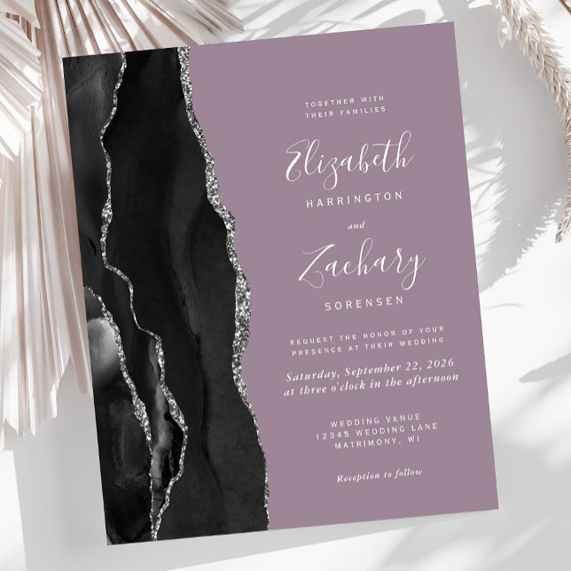 Budget Black Silver Agate Mauve Wedding Invitation (Creator Uploaded)