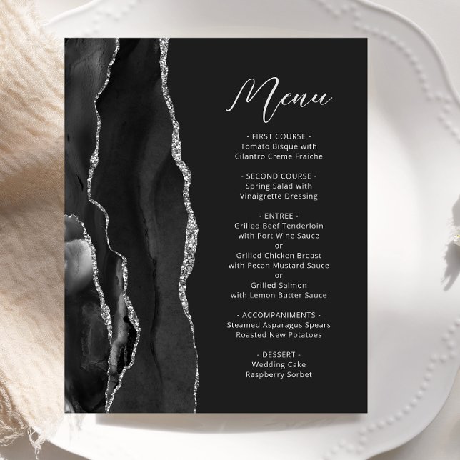 Budget Black Silver Agate Script Wedding Menu (Creator Uploaded)