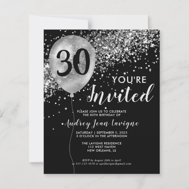 Budget Black Silver Balloon Birthday Invitation (Front)