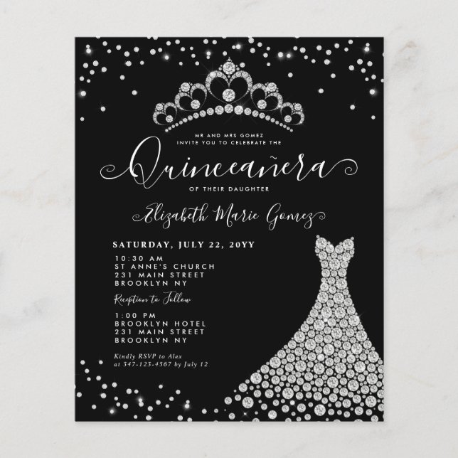 Budget Black Silver Diamond Sparkle Quinceanera (Front)