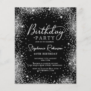 Budget Black Silver Glitter 40th Birthday Invite