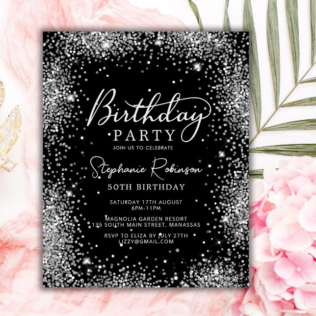 Budget Black Silver Glitter 50th Birthday Invite (Creator Uploaded)