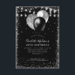 Budget Black Silver Glitter Balloon Light Birthday Card<br><div class="desc">Modern Elegant Black Silver Slate Grey Glitter String Lights Banner Balloon Any Age Birthday</div>