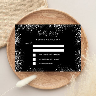 Budget black silver glitter sparkle wedding RSVP Card