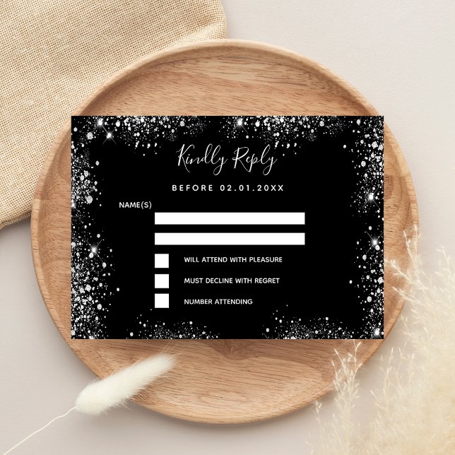 Budget black silver glitter sparkle wedding RSVP Card (Creator Uploaded)