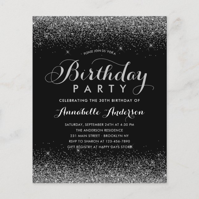 Budget Black Silver Grey Glitter Any Age Birthday (Front)
