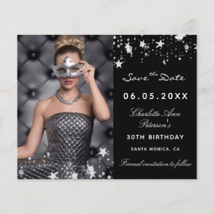 Budget black silver photo birthday Save the Date