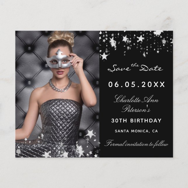 Budget black silver photo birthday Save the Date (Front)