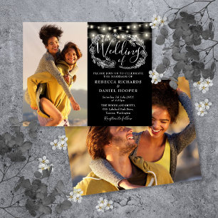 Budget Black String Lights 2 Photo Wedding Invite