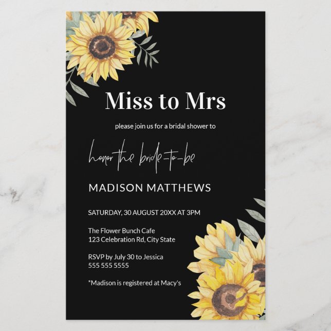 Budget Black Sunflower Bridal Shower Invitation (Front)