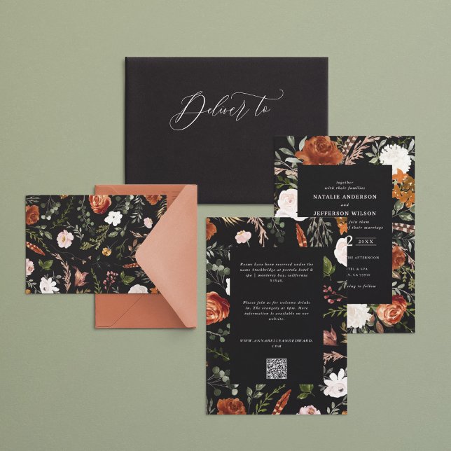 Budget black terracotta floral wedding details inv invitation (Creator Uploaded)