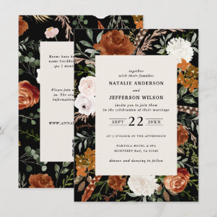 Budget black terracotta floral wedding details invitation