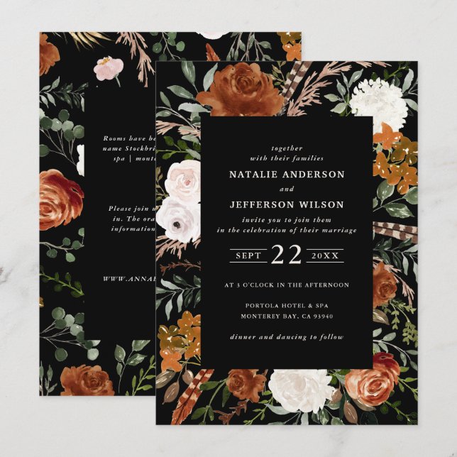 Budget black terracotta floral wedding details invitation (Front/Back)