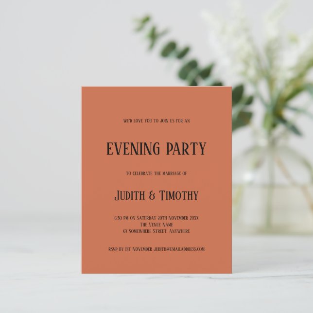 Budget Black Text Terracotta Evening Party Invite (Standing Front)