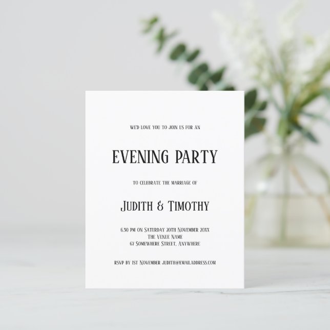 Budget Black Text White Evening Party Invite (Standing Front)