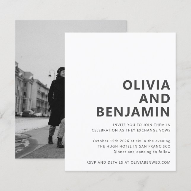 Budget Black White Bold Photo Wedding Invitation (Front/Back)