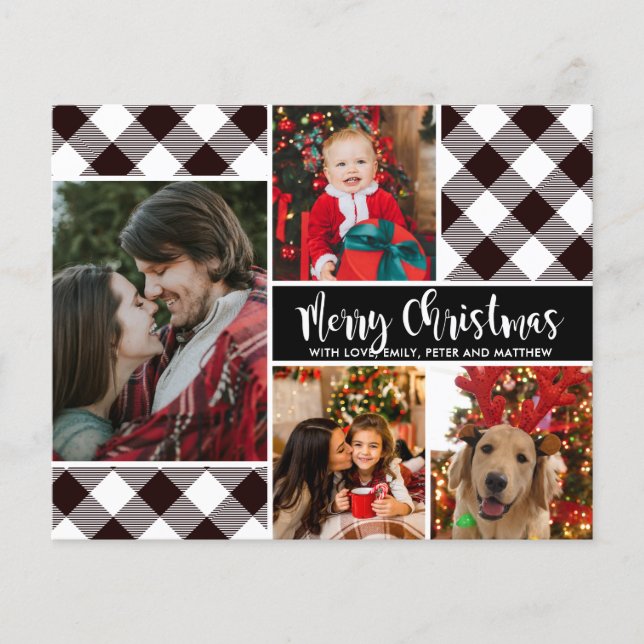 Budget Black White Buffalo Plaid Christmas Card (Front)
