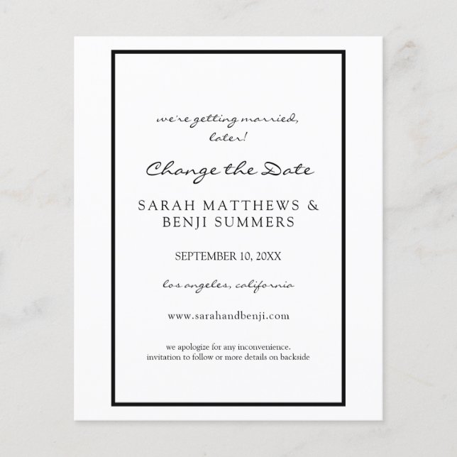 Budget Black & White Cancel or Change the Date Flyer (Front)