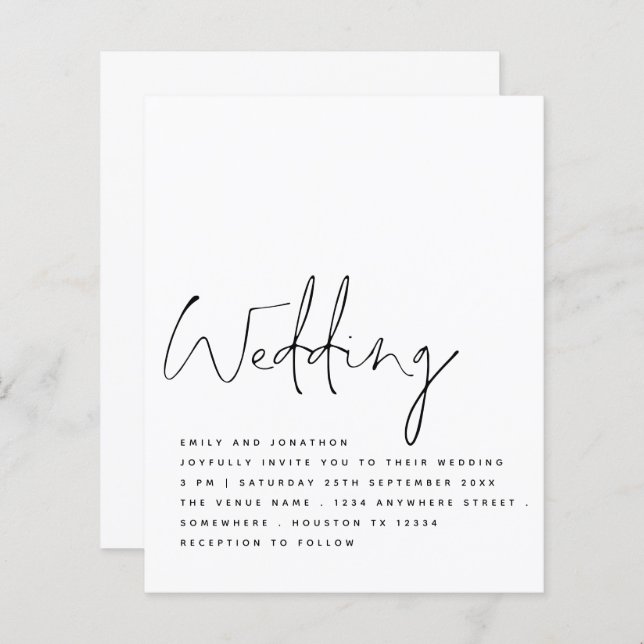 BUDGET Black White Elegant Script Wedding Invite (Front/Back)