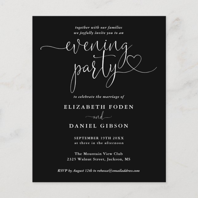 Budget Black White Evening Party Wedding Invite (Front)