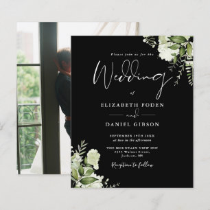 Budget Black White Floral Photo Wedding Invitation