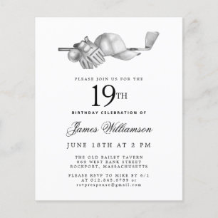Budget Black White Golf 19th Birthday Invitation