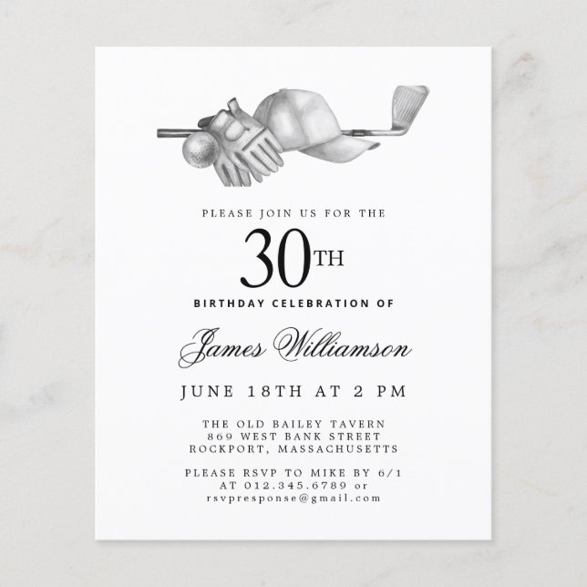 Budget Black White Golf 30th Birthday Invitation (Front)