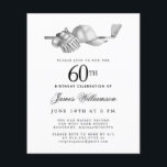 Budget Black White Golf 60th Birthday Invitation<br><div class="desc">Elegant black and white birthday invitation for a golfer. The top of the invitation is decorated with golf accessories - a golf club, golf ball, hat and gloves. The watercolor design creates a traditional and classic aesthetic. Perfect for a birthday bash at the club or a backyard BBQ. All of...</div>