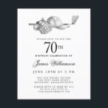Budget Black White Golf 70th Birthday Invitation<br><div class="desc">Elegant black and white birthday invitation for a golfer. The top of the invitation is decorated with golf accessories - a golf club, golf ball, hat and gloves. The watercolor design creates a traditional and classic aesthetic. Perfect for a birthday bash at the club or a backyard BBQ. All of...</div>