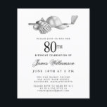 Budget Black White Golf 80th Birthday Invitation<br><div class="desc">Elegant black and white birthday invitation for a golfer. The top of the invitation is decorated with golf accessories - a golf club, golf ball, hat and gloves. The watercolor design creates a traditional and classic aesthetic. Perfect for a birthday bash at the club or a backyard BBQ. All of...</div>