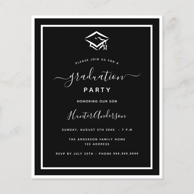 Budget black white graduation party invitation (Front)