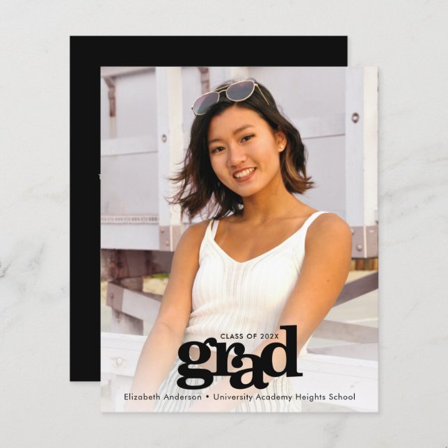 Budget black white graduation photo invitation (Front/Back)