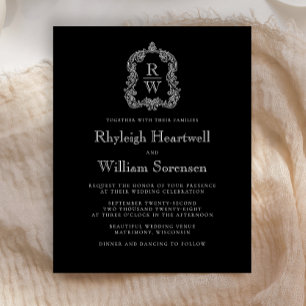 Budget Black White Monogram Crest Wedding Invite