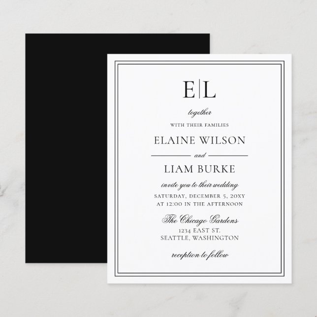 Budget Black White Monogram Wedding Invitation (Front/Back)